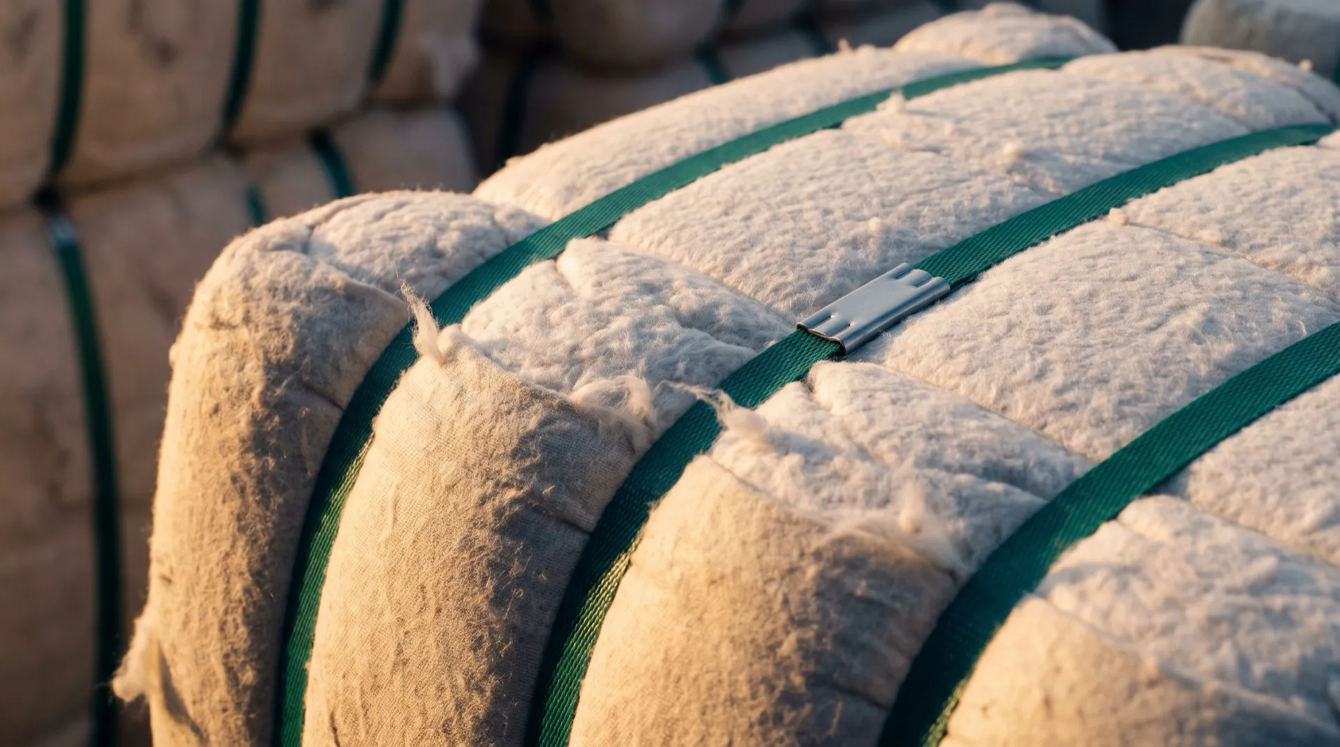 Pamuk balyasını saran paralel yeşil PET çemberler ve metal mühür, yakın çekim (temsili görsel)