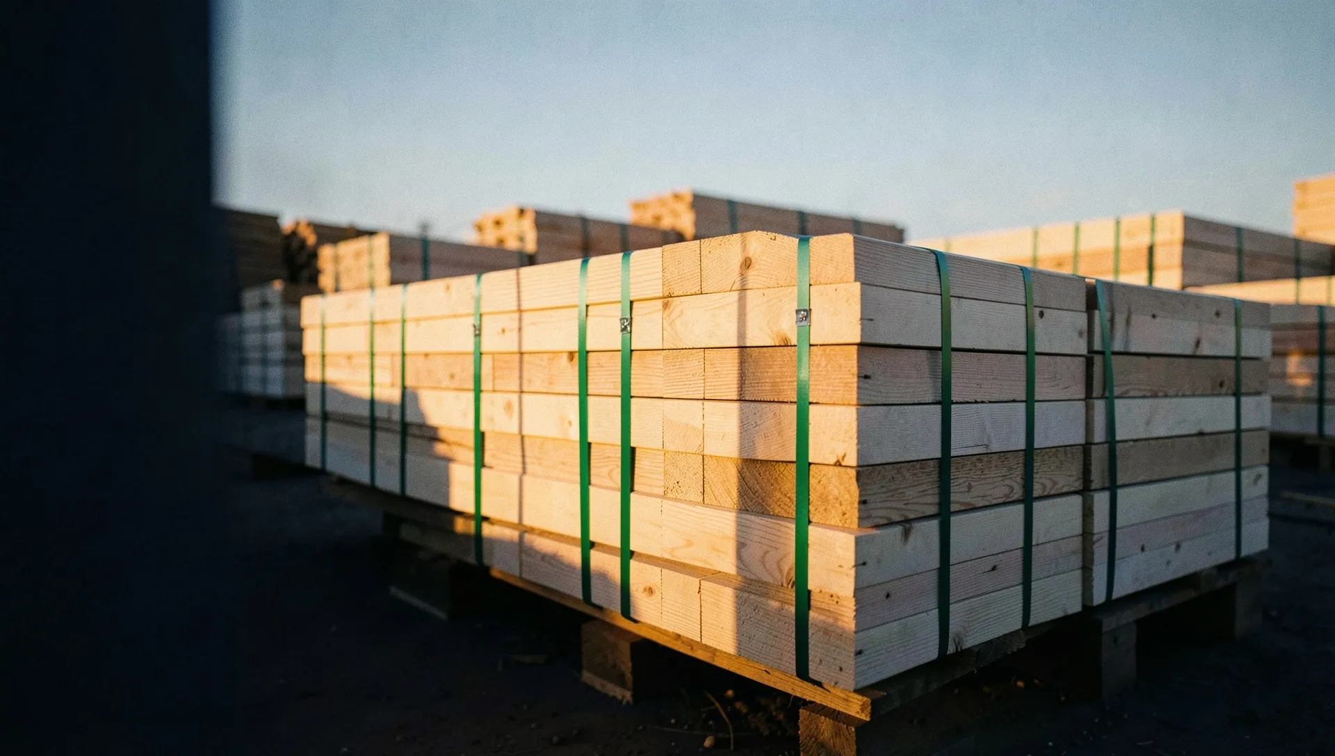 Akşamüstü güneşinde, istif sahasında yeşil PET çemberle bağlanmış kereste paketleri (temsili görsel)