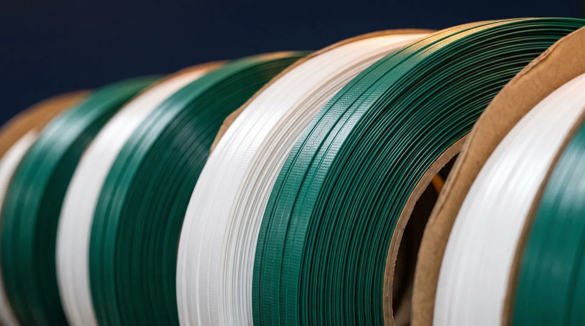 Yan yana dizili yeşil ve beyaz plastik çember rulolarının paralel çizgileri (temsili görsel)