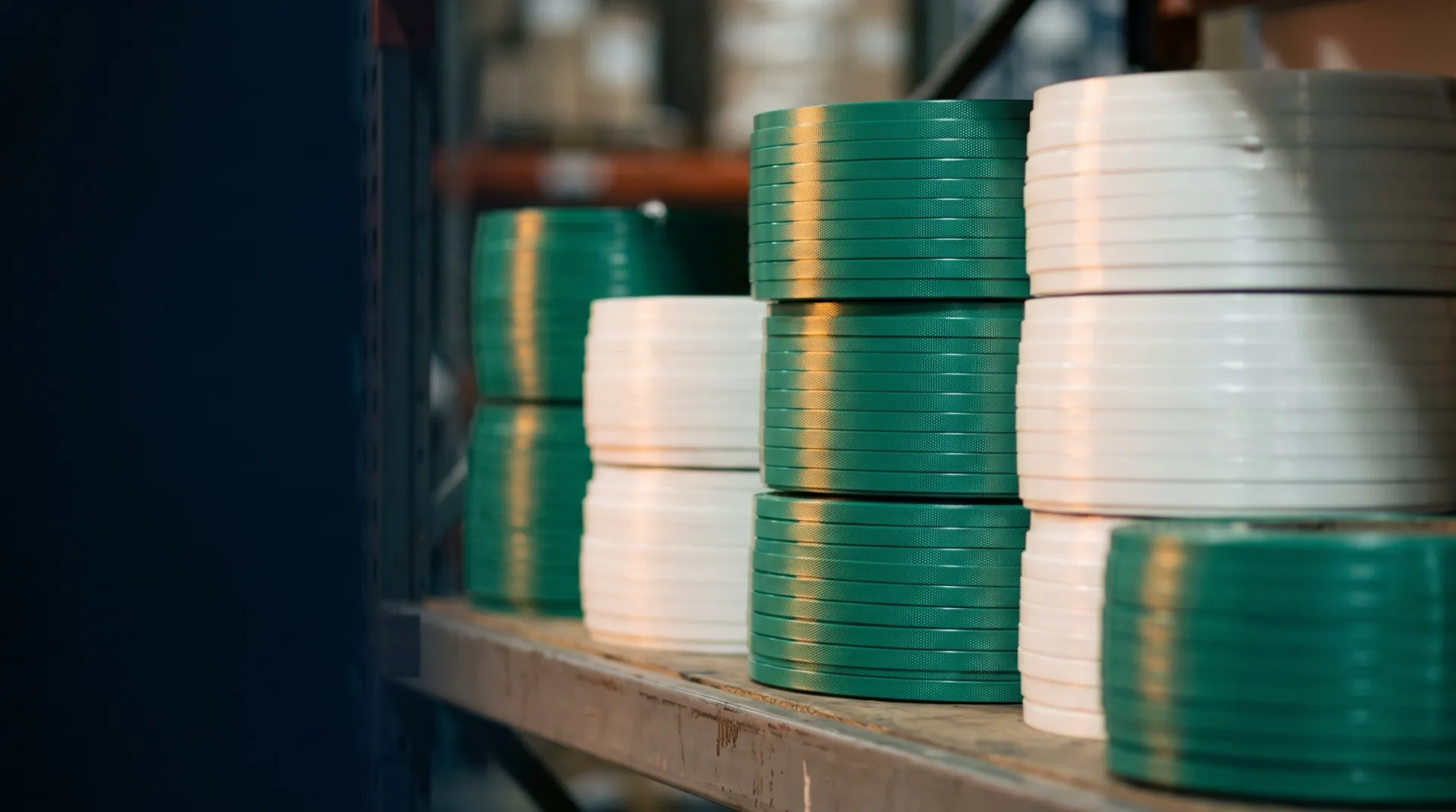 Rafta üst üste dizili tek renkli yeşil ve beyaz plastik çember ruloları (temsili görsel)