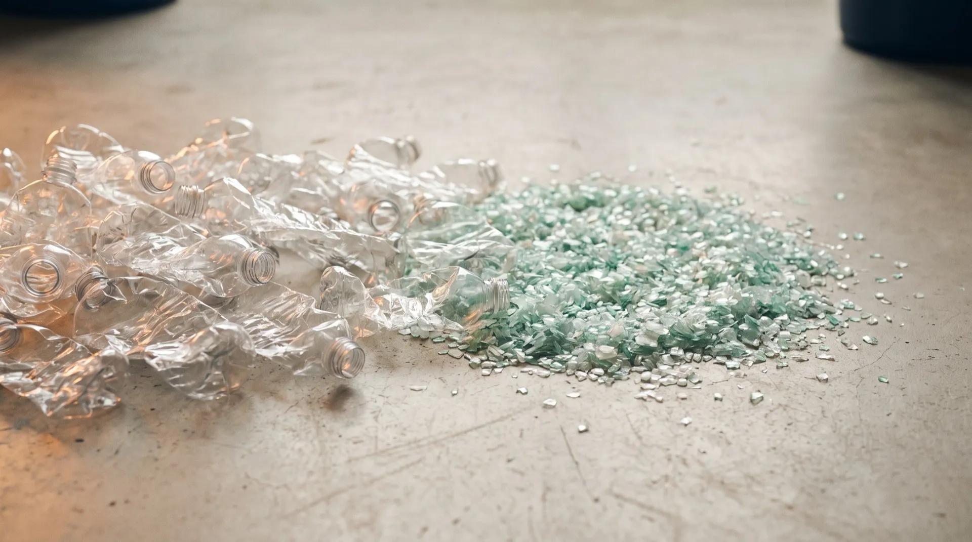 Beton zeminde ezilmiş şeffaf plastik şişelerden yeşilimsi PET şişe pullarına geçiş (temsili görsel)