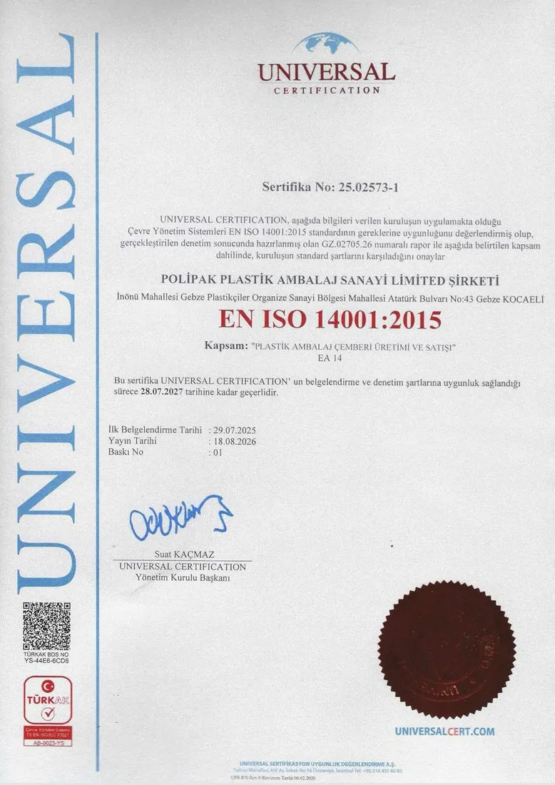 Polipak Plastik Ambalaj adına düzenlenen EN ISO 14001:2015 sertifikasının taraması, Universal Certification, sertifika no 25.02573-1